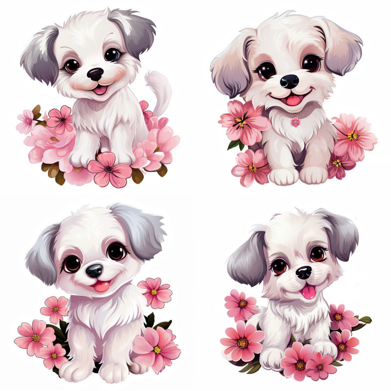 Cuki kutyusok, pink virágos falmatrica | 8 + 24 db-os szett | 80 cm x 80 cm