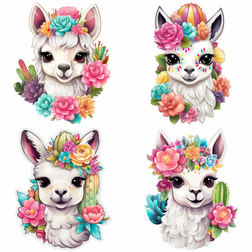 Láma virággal, kaktusszal falmatrica | 8 + 24 db-os szett | 80 cm x 80 cm