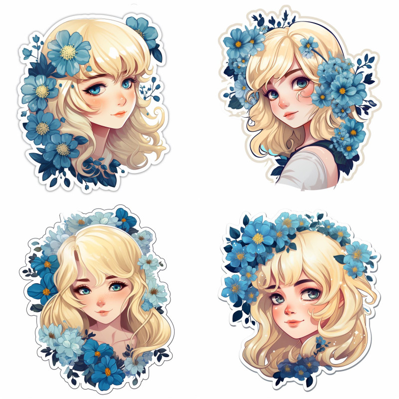 Kék virágos szőke kislányos falmatrica | 8 + 24 db-os szett | 80 cm x 80 cm