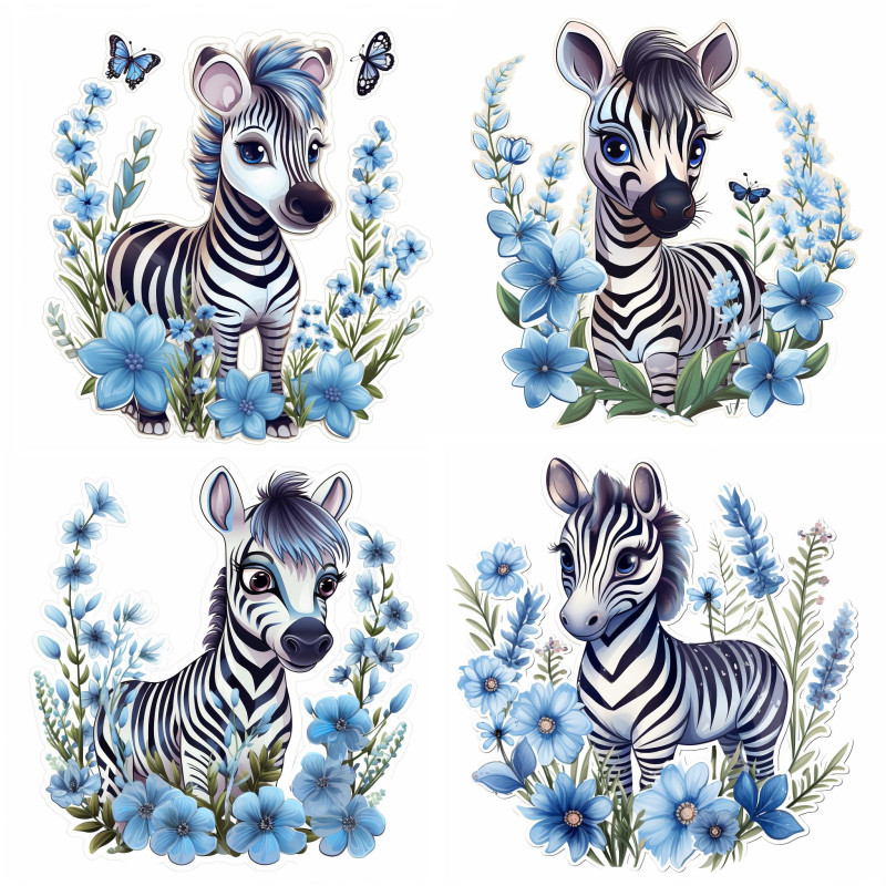 Zebra egész alakos falmatrica, virágokkal | 8 + 24 db-os szett | 80 cm x 80 cm