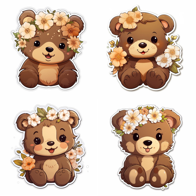 Grízly medvés falmatrica, virágokkal | 8 + 24 db-os szett | 80 cm x 80 cm