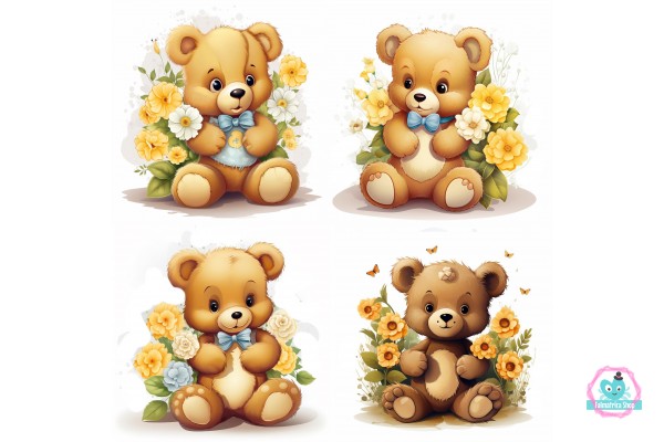 Barna medvés falmatrica, sárga virágokkal | 8 + 24 db-os szett | 80 cm x 80 cm