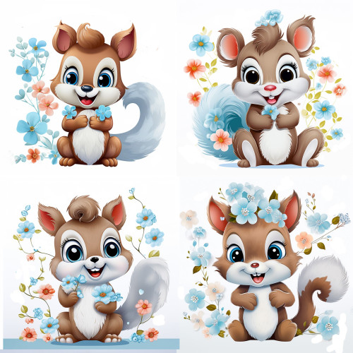 Erdei mókusok, kék virággal gyerek falmatrica | 8 + 24 db-os szett | 80 cm x 80 cm Erdei mókusok, kék virággal gyerek falmatrica | 8 + 24 db-os szett | 80 cm x 80 cm