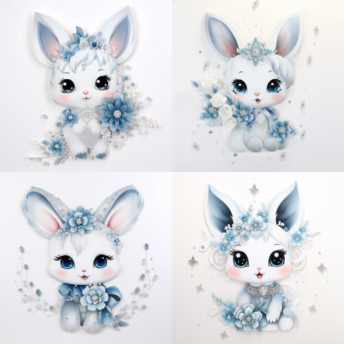 Fehér nyuszis falmatrica, kék virágokkal | 8 + 24 db-os szett | 80 cm x 80 cm