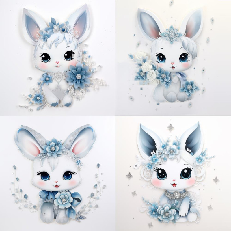 Fehér nyuszis falmatrica, kék virágokkal | 8 + 24 db-os szett | 80 cm x 80 cm