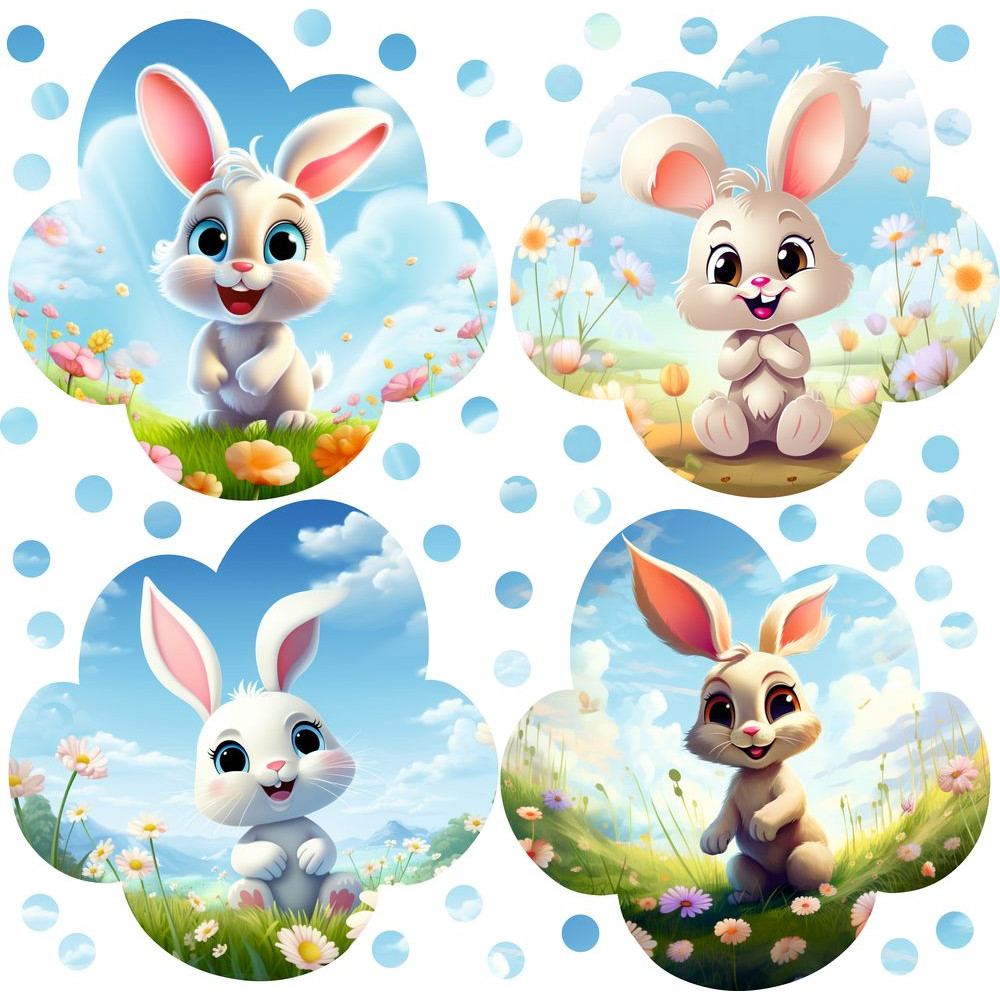 Nyuszi felhőben falmatrica szett | 4 + 40 db-os szett | 80 cm x 80 cm Nyuszi felhőben falmatrica szett | 4 + 40 db-os szett | 80 cm x 80 cm