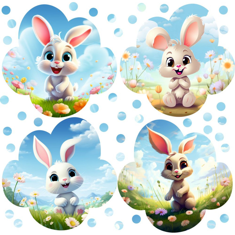 Nyuszi felhőben falmatrica szett | 4 + 40 db-os szett | 80 cm x 80 cm Nyuszi felhőben falmatrica szett | 4 + 40 db-os szett | 80 cm x 80 cm