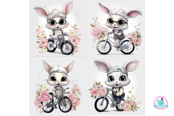 Biciklizős nyuszis falmatrica, kerékpár, virágok | 8 + 24 db-os szett | 80 cm x 80 cm