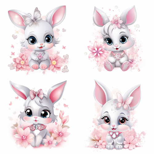 Rózsaszín, fehér nyuszis falmatrica virágokkal | 8 + 24 db-os szett | 80 cm x 80 cm