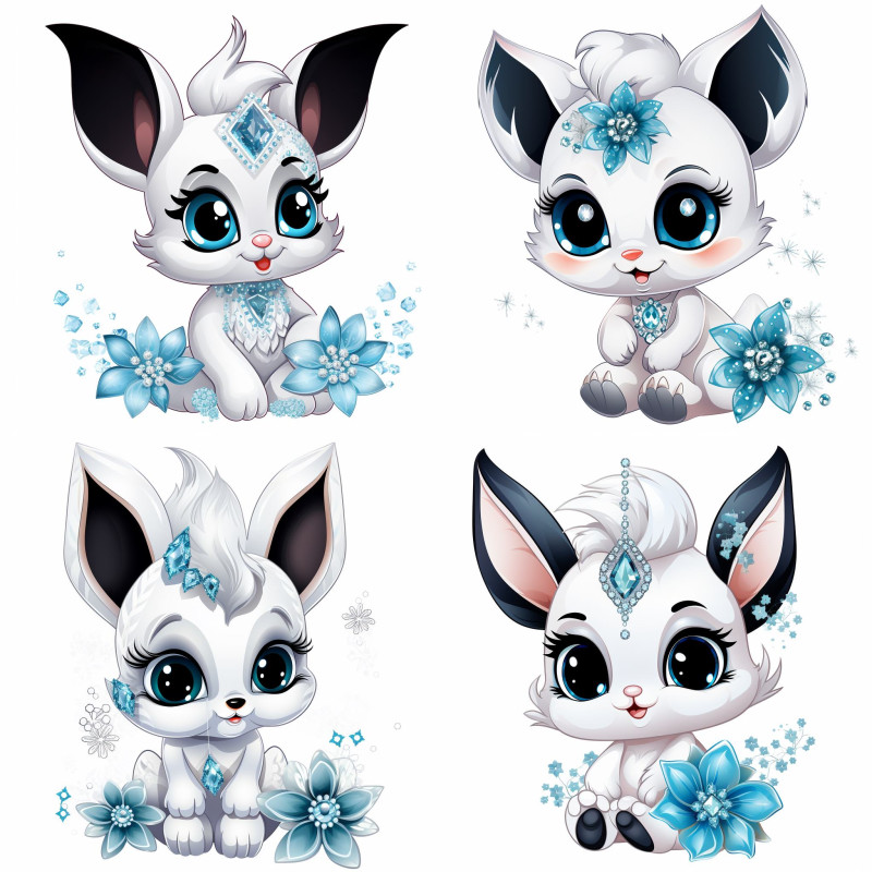 Fehér nyuszi fekete fülekkel, kék virágokkal falmatrica | 8 + 24 db-os szett | 80 cm x 80 cm