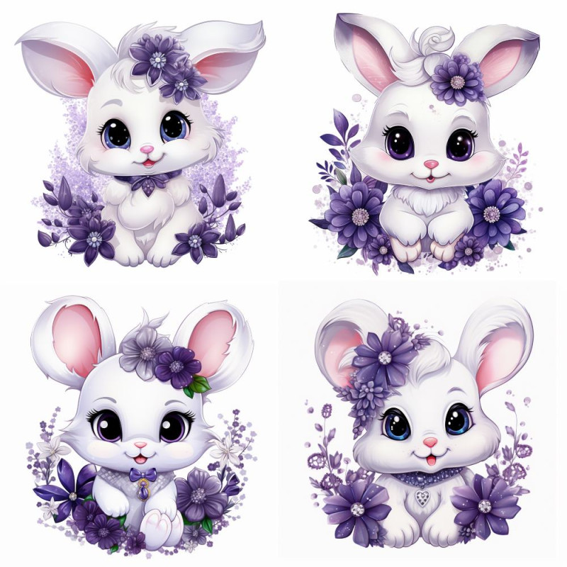 Fehér nyuszis falmatrica, lila virágokkal | 8 + 24 db-os szett | 80 cm x 80 cm