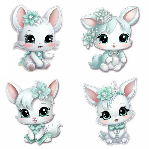 Fehér nyuszis falmatrica, mentazöld virágokkal | 8 + 24 db-os szett | 80 cm x 80 cm