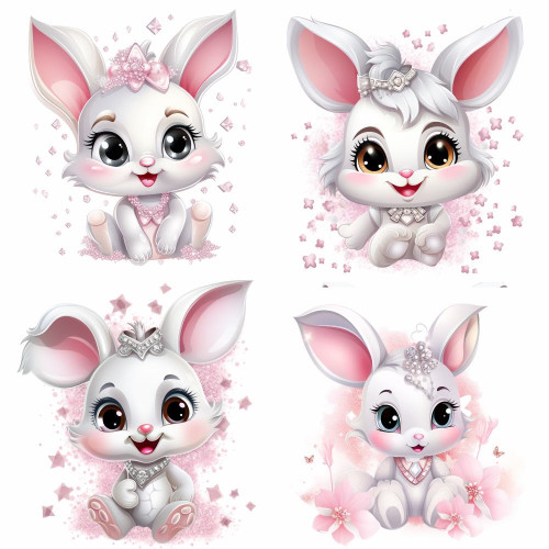 Rózsaszín virágos fehér nyuszis falmatrica | 8 + 24 db-os szett | 80 cm x 80 cm