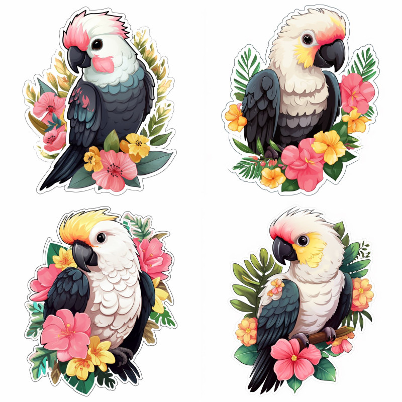 Fekete-fehér Kakadú Papagájos falmatrica | 8 + 24 db-os szett | 80 cm x 80 cm