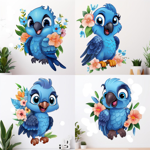 Papagájos falmatrica, kék tollú | 8 + 24 db-os szett | 80 cm x 80 cm