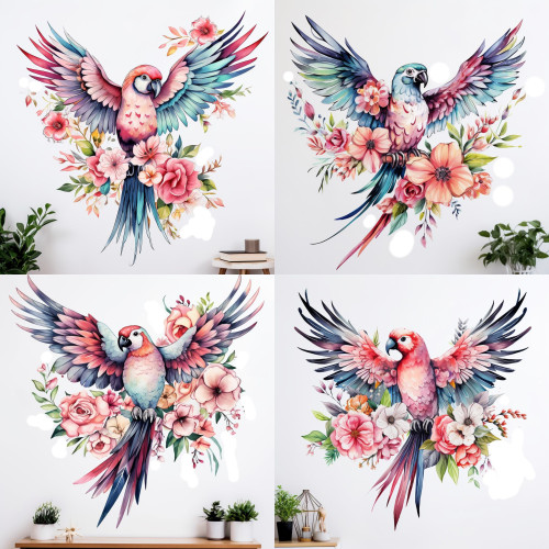 Papagájos falmatrica, kék-piros arapapagáj, vízfesték hatású| 8 + 24 db-os szett | 80 cm x 80 cm