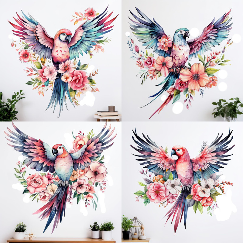 Papagájos falmatrica, kék-piros arapapagáj, vízfesték hatású| 8 + 24 db-os szett | 80 cm x 80 cm