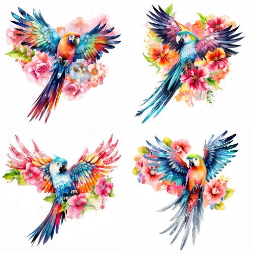 Papagájos falmatrica, vízfesték hatású arák | 8 + 24 db-os szett | 80 cm x 80 cm