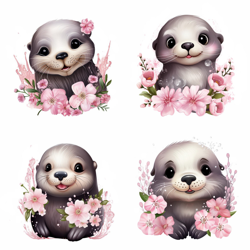 Fókás falmatrica, rózsaszín virágokkal | 8 + 24 db-os szett | 80 cm x 80 cm Fókás falmatrica, rózsaszín virágokkal | 8 + 24 db-os szett | 80 cm x 80 cm