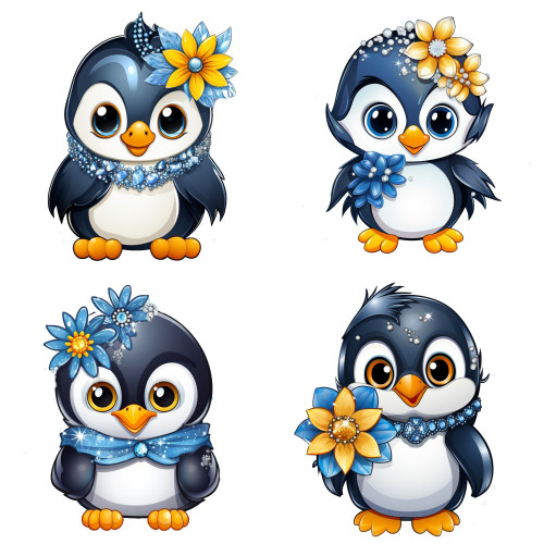 Pingvinek virágokkal falmatrica | 8 + 24 db-os szett | 80 cm x 80 cm