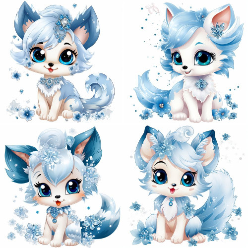 Kék-fehér rókás gyerekszoba falmatrica | 8 + 24 db-os szett | 80 cm x 80 cm