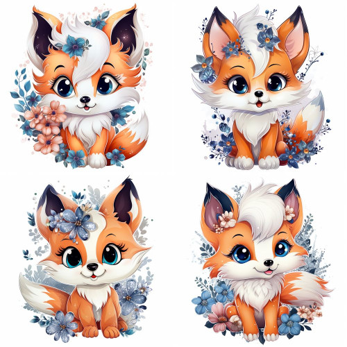 Gyönyörű vörös rókás gyerek falmatrica virágokkal | 8 + 24 db-os szett | 80 cm x 80 cm