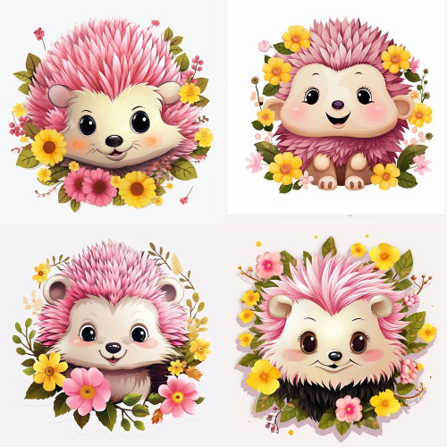 Rózsaszín tüskés sünis falmatrica, virágokkal | 8 + 24 db-os szett | 80 cm x 80 cm