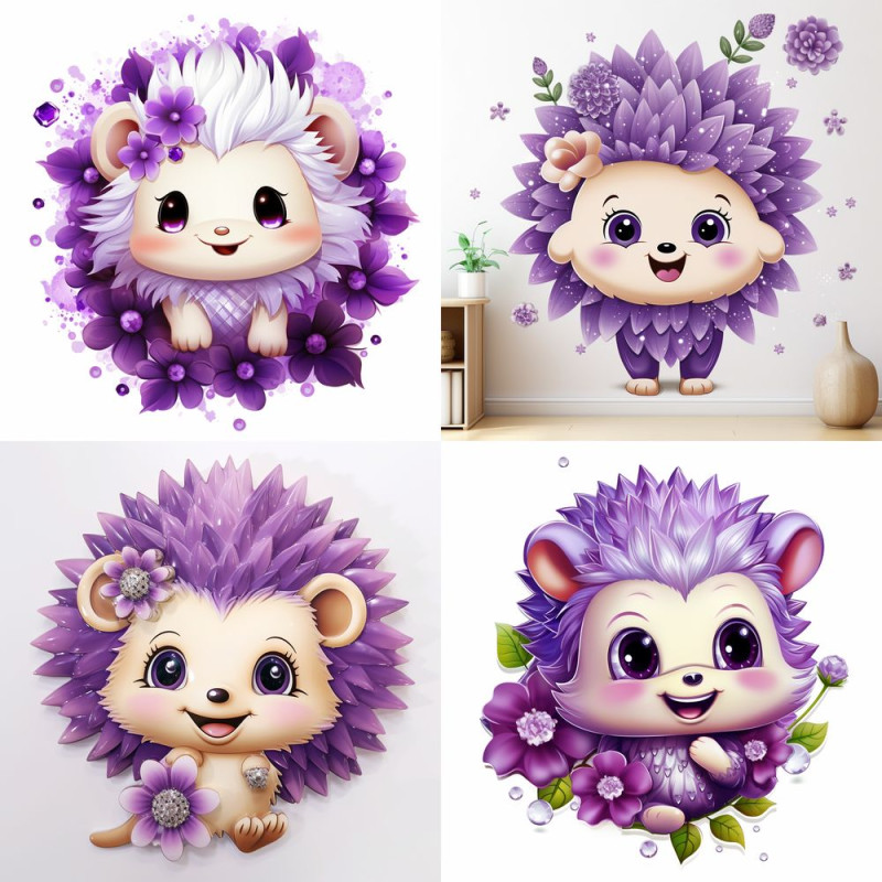 Lila sündisznós falmatrica virágokkal | 8 + 24 db-os szett | 80 cm x 80 cm