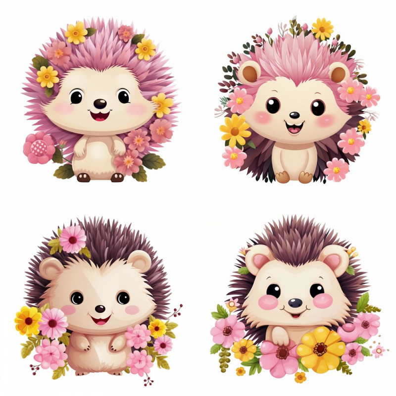 Barna és rózsaszín sündisznós virágos falmatrica | 8 + 24 db-os szett | 80 cm x 80 cm