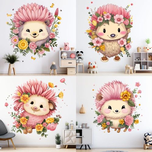 Rózsaszín sündisznós faldekoráció, virágos | 8 + 24 db-os szett | 80 cm x 80 cm