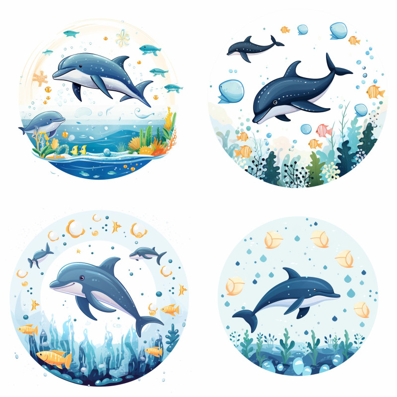 Delfines kerek gyerekszoba faldekoráció | 8 + 40 db-os szett | 80 cm x 80 cm