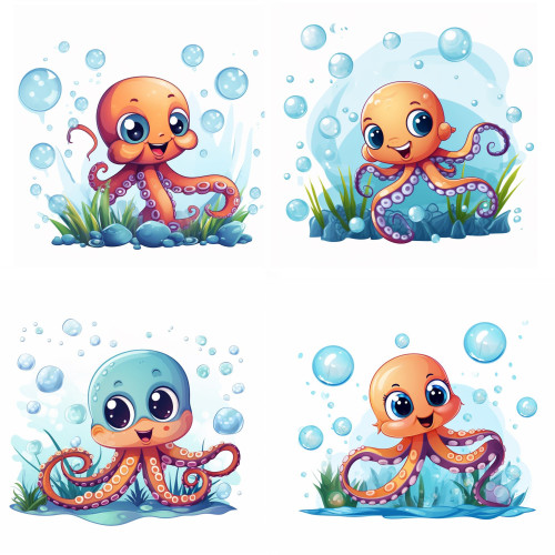 Baby polip algával, kövekkel buborékokkal gyerek faldekoráció | 8 + 40 db-os szett | 80 cm x 80 cm