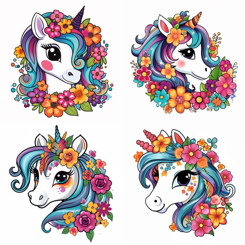 Színes egyszarvú fejes falmatrica | 8 + 24 db-os szett | 80 cm x 80 cm