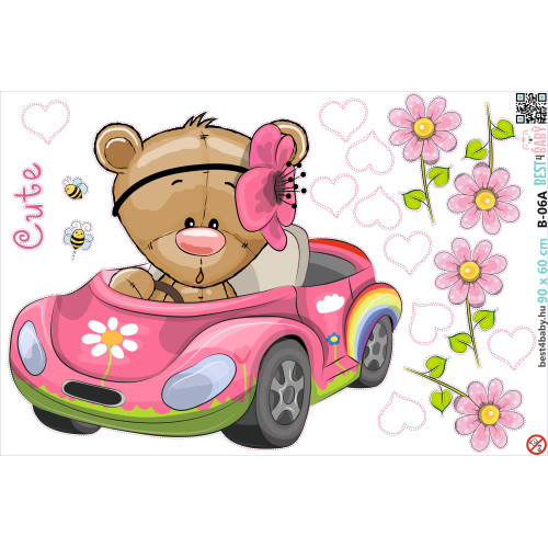 Teddy macis gyerekszoba falmatrica, autóban | 17 db-os szett | 70 cm x 45 cm-től