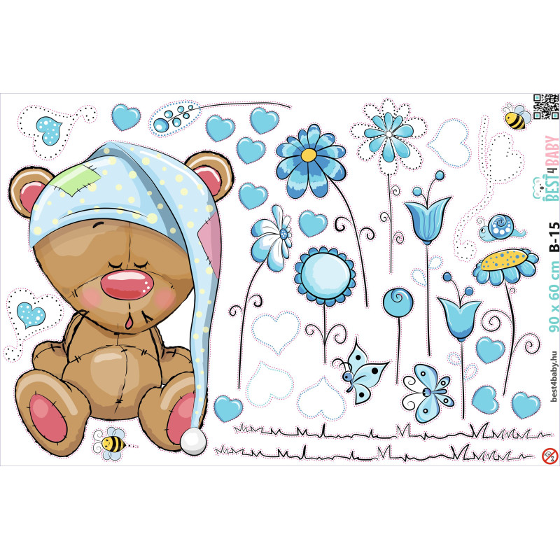 Alvó maci kék virágokkal gyerekszoba falmatrica | 33 db-os szett | 70 cm x 45 cm-től