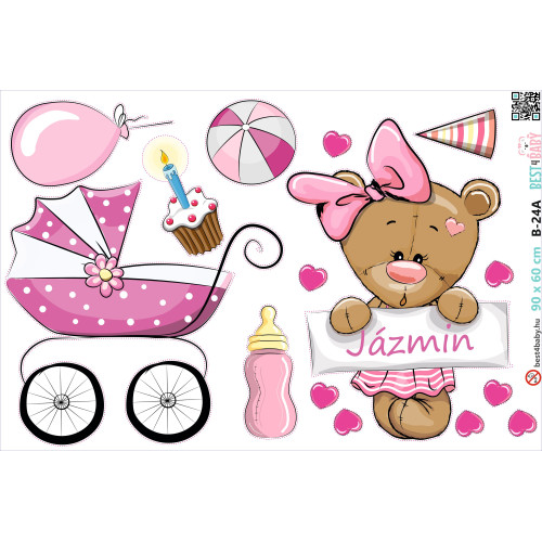 Maci kislány pár falmatrica, babakocsis, GYEREK NÉVVEL | 15 db-os szett | 70 cm x 45 cm-től