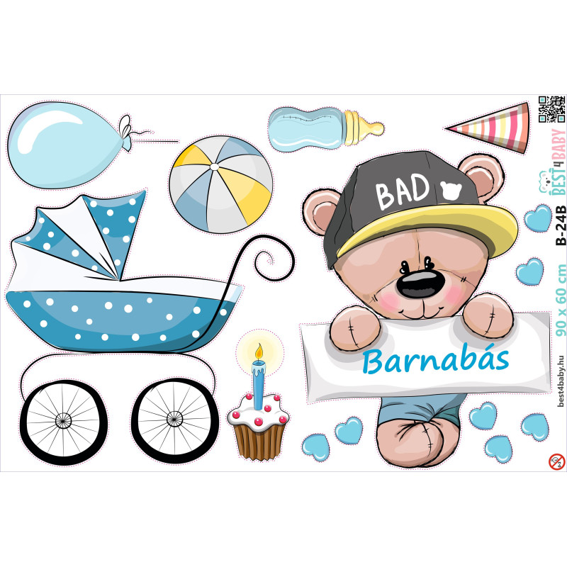 Maci kisfiú pár falmatrica, babakocsis, GYEREK NÉVVEL | 14 db-os szett | 70 cm x 45 cm-től