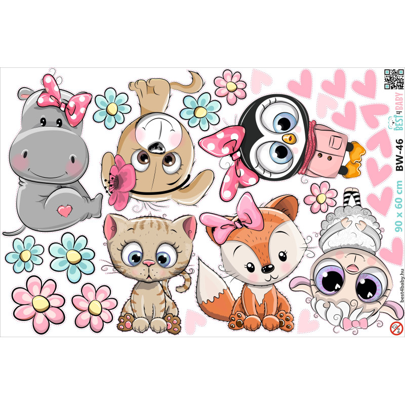 Állatos kislány falmatrica csomag, Macska, Viziló, Róka, Kutya, Pingvin, Bárány | 27 db-os szett | 70 cm x 45 cm-től