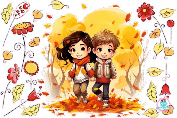 Őszi falmatrica gyerekek lehulló levelekkel  |  24 db-os szett | 70 cm x 45 cm-től