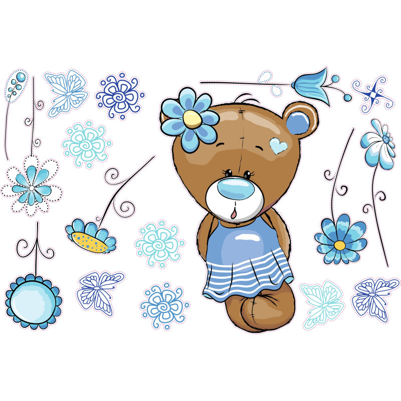 Kék maci kislány virágokkal, falmatrica | 17 db-os szett | 70 cm x 45 cm-től