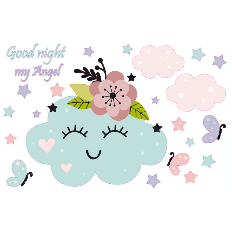 Felhős Good night my Angel feliratú falmatrica | 22 db-os szett | 70 cm x 45 cm-től