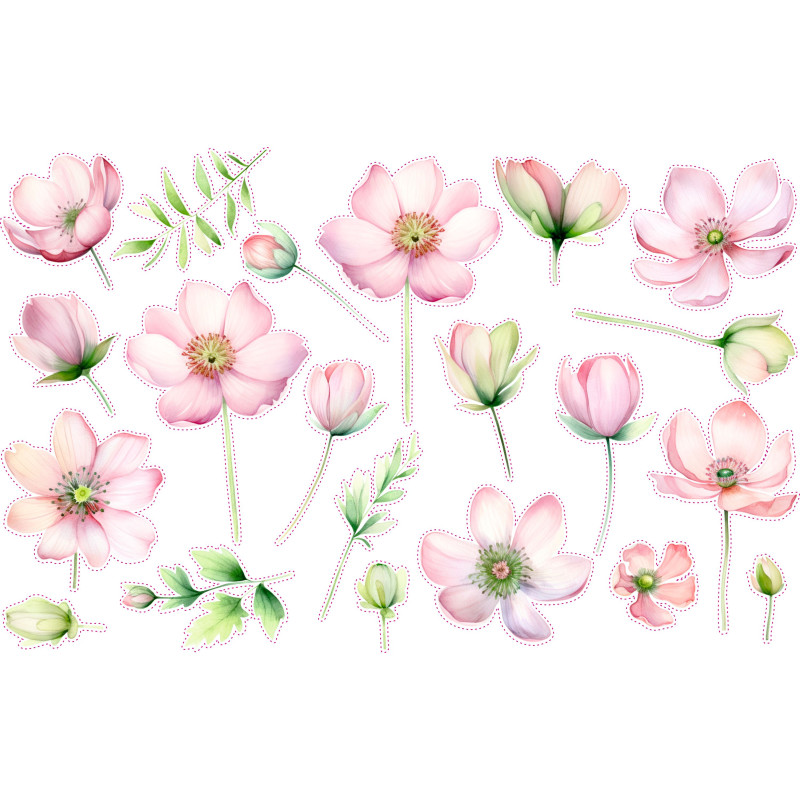 Rózsaszín virágos falmatrica | 21 db-os szett | 70 cm x 45 cm