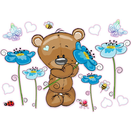 Maci fiú kék virágokkal gyerekszoba falmatrica | 15 db-os szett | 70 cm x 45 cm-től