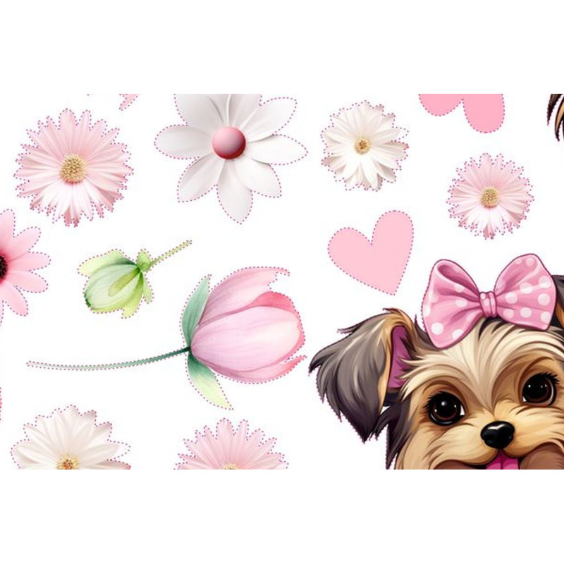 Yorkshire terrier kutyás falmatrica virágokkal, pink | 29 db-os szett | 70 cm x 45 cm Yorkshire terrier kutyás falmatrica virágokkal, pink | 29 db-os szett | 70 cm x 45 cm