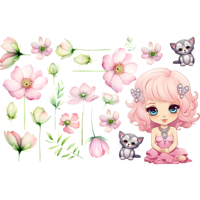 Kislány falmatrica tavirózsával, virágokkal, pink, PRÉMIUM | 22 db-os szett | 70 cm x 45 cm