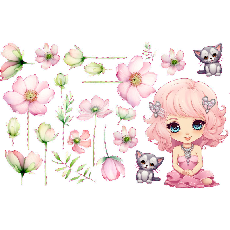 Kislány falmatrica tavirózsával, virágokkal, pink, PRÉMIUM | 22 db-os szett | 70 cm x 45 cm