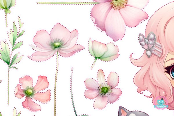 Kislány falmatrica tavirózsával, virágokkal, pink, PRÉMIUM  | 22 db-os szett | 70 cm x 45 cm