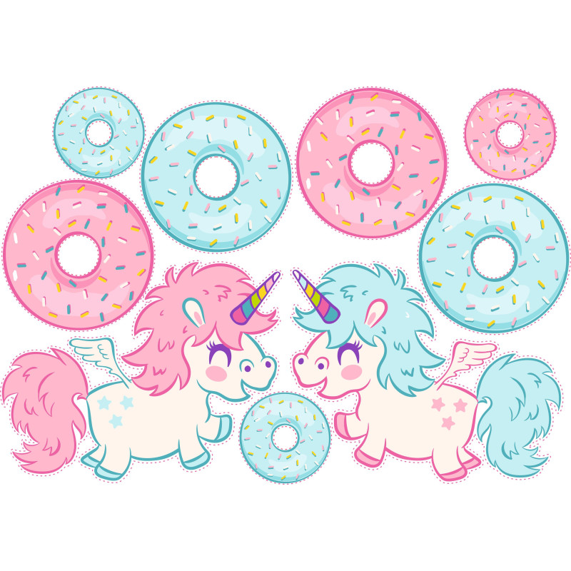 Egyszarvú és fánk türkiz- rózsaszín gyerekszoba falmatrica szett | 9 db-os szett | 70 cm x 45 cm-től