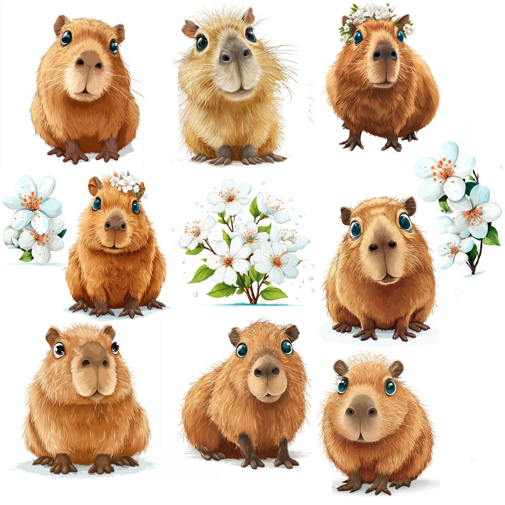 Capybara gyerek falmatrica szett virágokkal | 80 cm x 80 cm Capybara gyerek falmatrica szett virágokkal | 80 cm x 80 cm
