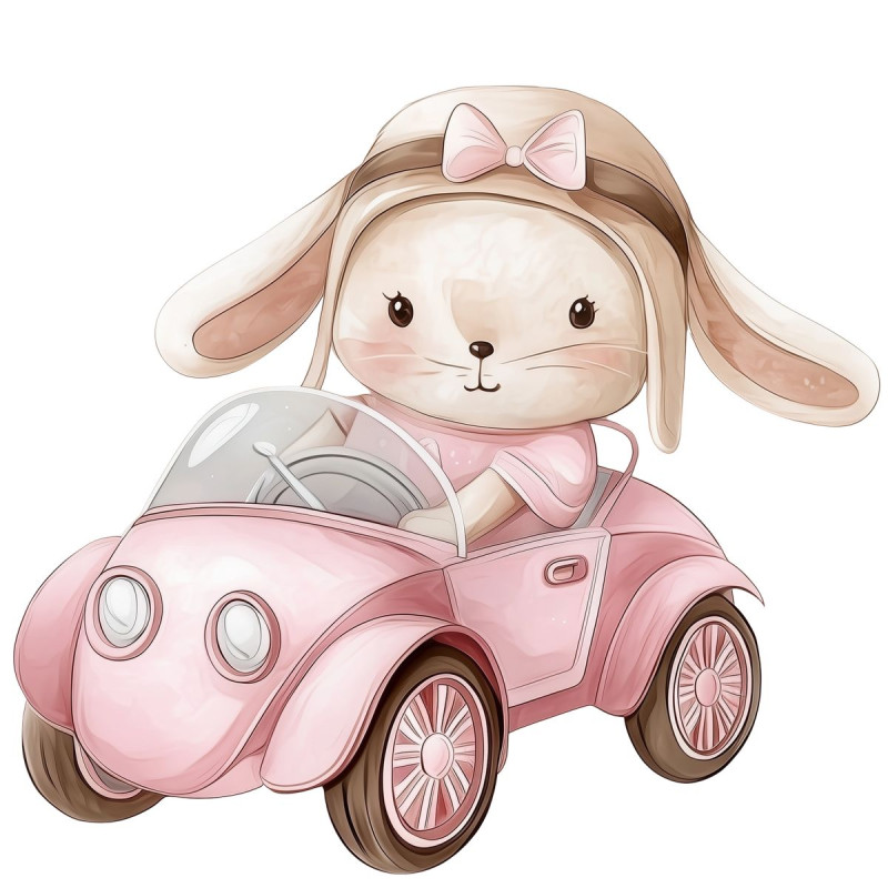 Nyuszi kislány autót vezet, pink kislányszoba falmatrica Nyuszi kislány autót vezet, pink kislányszoba falmatrica